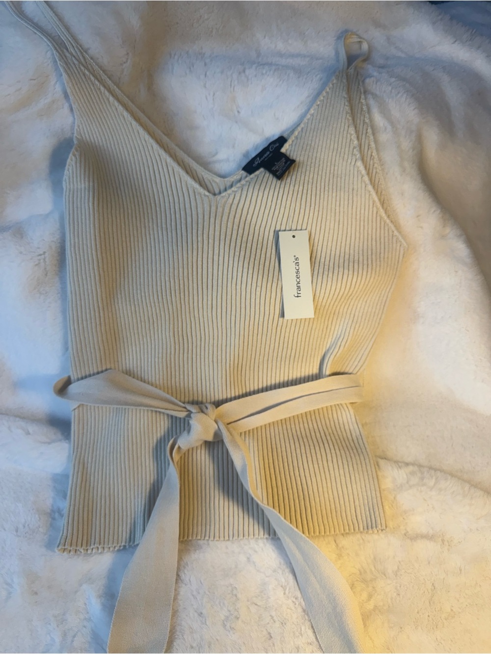 Francesca's Cream Cotton V-Neck Sleeveless Sweater with Tie Belt Size L